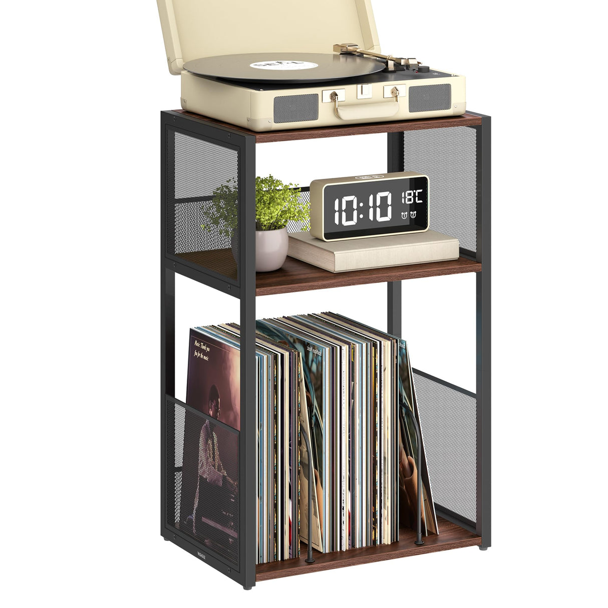 VASAGLE Record Player Stand, 3-Tier Side Table, Vinyl Record Storage up to 100 Albums, End Table for Living Room, Bedroom, Natural Walnut ULET275K02 VASAGLE