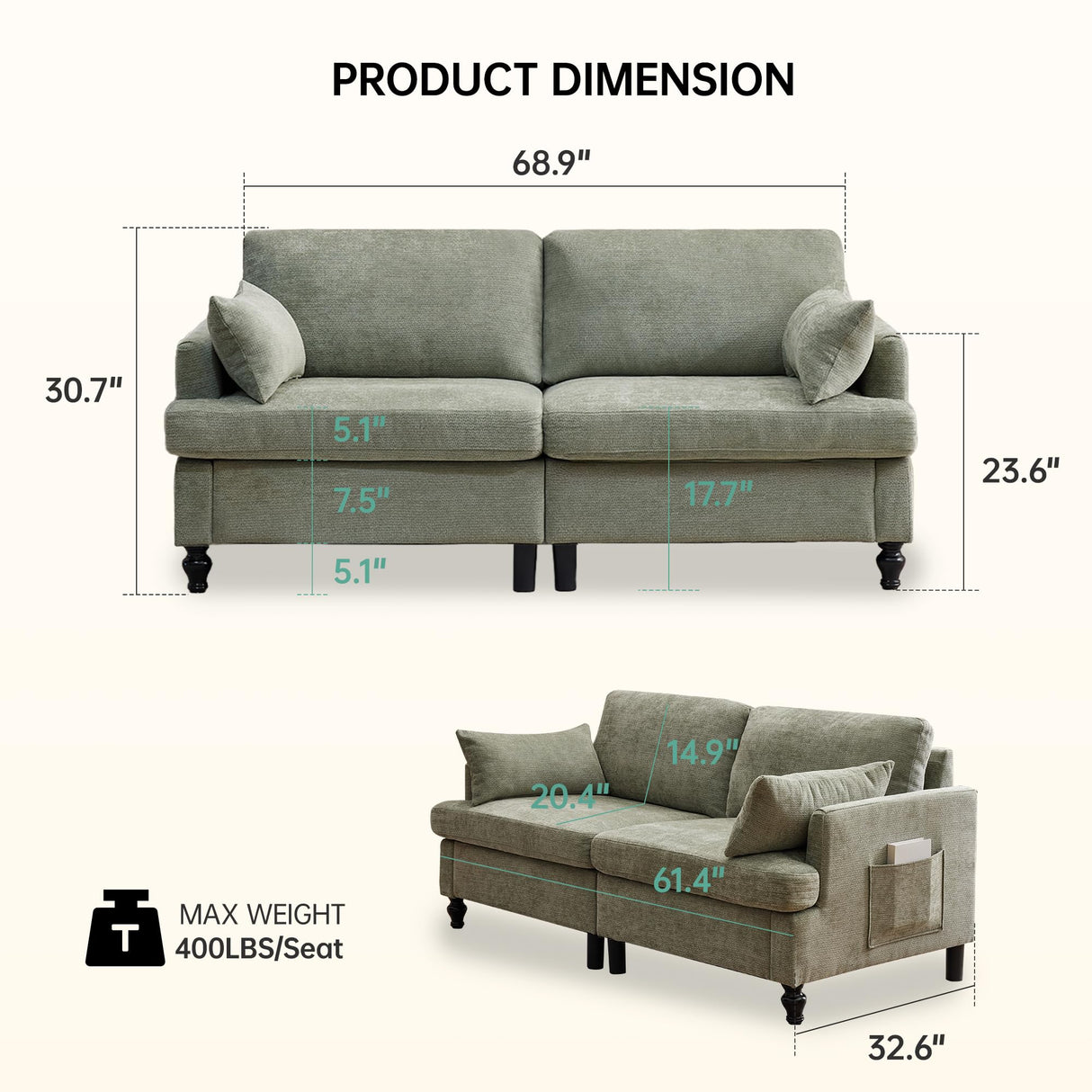 Opiesit 68.9” Loveseat Sofa Couch, Modern Comfy 2 Seat Chenille Couches, Spring Cushions & Solid Wood Frame, Small Couch with LED Light/USB Charging Function for Living Room, Bedroom, Apartment, Cyan Opiesit