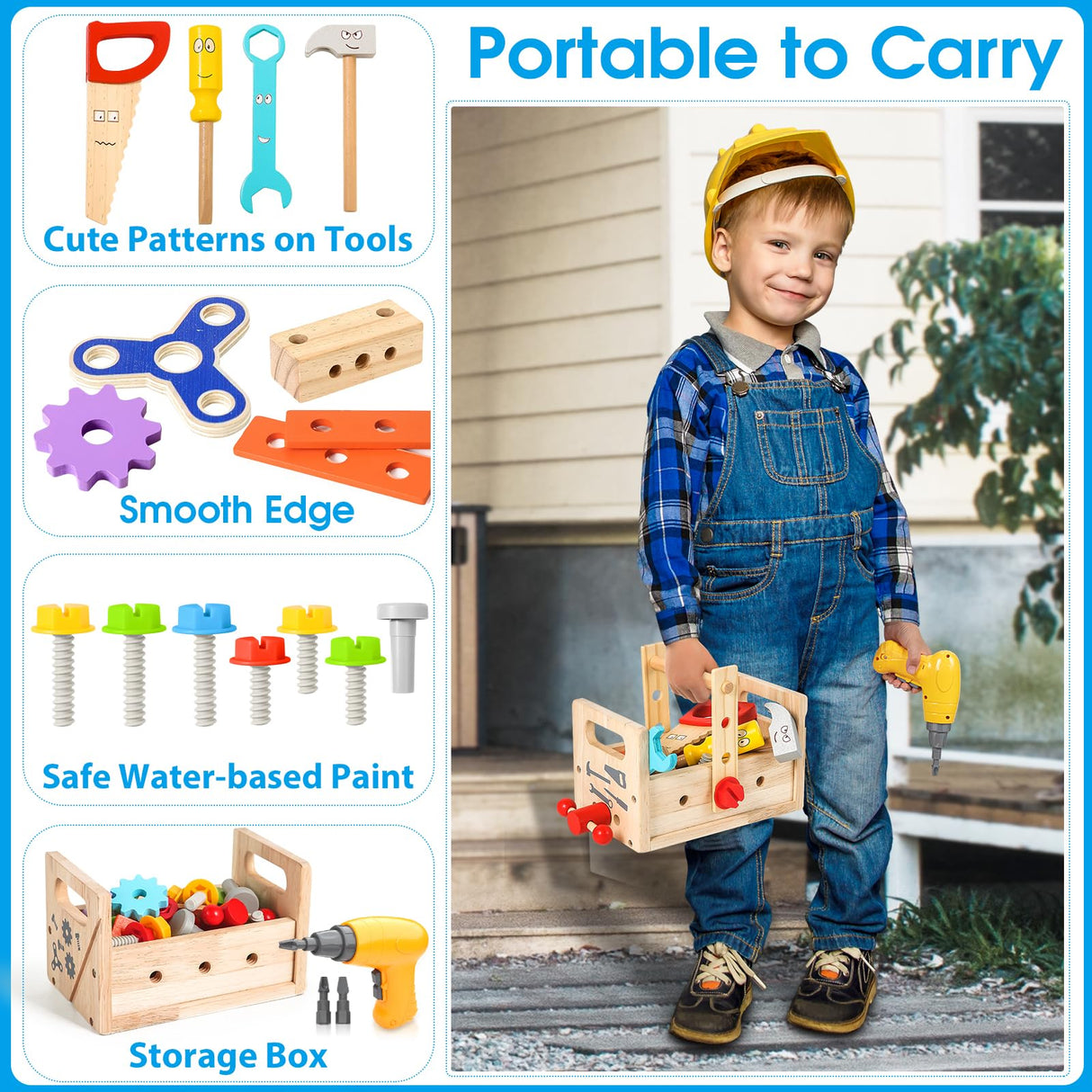 Kids Tool Set with Electric Drill, 39 Pcs Wooden Toddler Play Tool Bench Kits with Tool Box, Montessori STEM Educational Pretend Construction Toy for 3 4 5 6 Year Old Boys Girls Birthday Gifts BAODLON