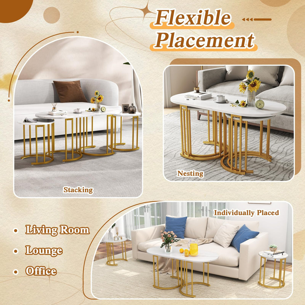 Giantex Nesting Coffee Table Set of 3, Stacking Side Tables with Faux Marble Tabletop & Gold Metal Frame, Oval Coffee Table & 2 Round End Tables, 3-Piece Modern Living Room Table Set for Apartment Giantex
