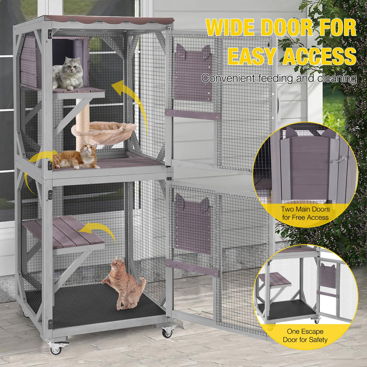 Aivituvin Catio Outdoor Cat Enclosure Wooden Cat Cage with Window Access Large Kitty House on Wheels 62.4’’ Indoor Patio Aivituvin