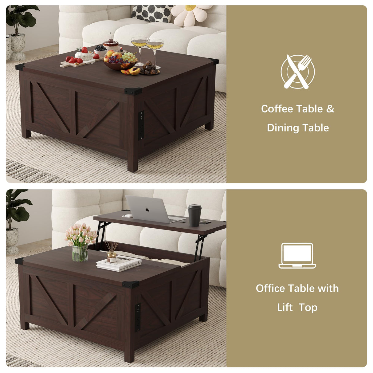 Furnivado 35'' Farmhouse Lift Top Coffee Table, Coffee Table with Storage and Large Hidden Storage, Square Coffee Table with Charging Station&USB Ports, Lift Coffee Tables for Living Room, Brown Furnivado