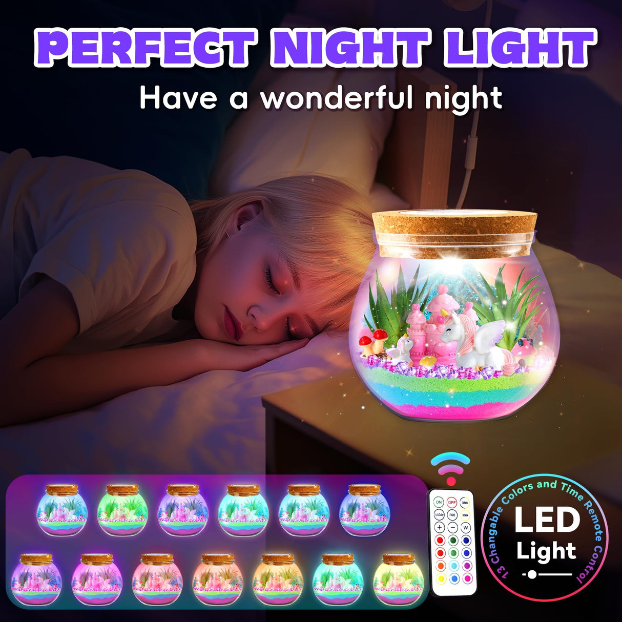 VigorFun Unicorn Terrarium Kit for Kids - Creative LED Night Light Gifts for Girls Birthday Age 3+, DIY Arts & Crafts Light Up Kit, Unicorn Toys for Kids 4 5 6 7 8 9 10 Year Old VigorFun