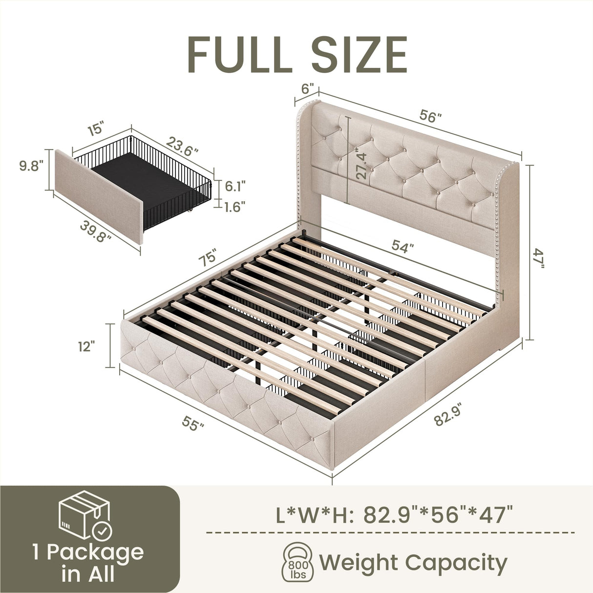 LARMACE Full Size Bed Frame with 4 Storage Drawers and Wingback Headboard Linen Upholstered Platform Bed Frame Tufted Beds with Wooden Slats Support, Easy Assembly, Beige LARMACE
