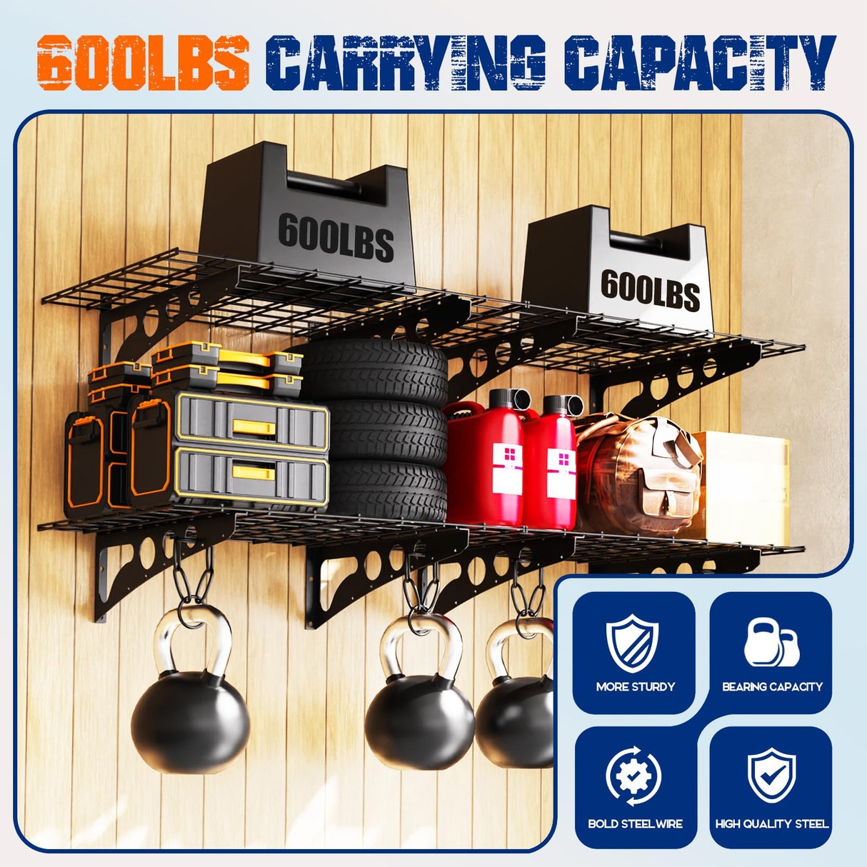 CVGFDR 2x6ft Garage Wall Shelving, 600BLS Heavy Duty Garage Shelving Wall Mounted, Floating Shelves, Storage Shelves, Easy Assembly Pallet Racking, Metal Rack for Kitchen, Basement, Black CVGFDR