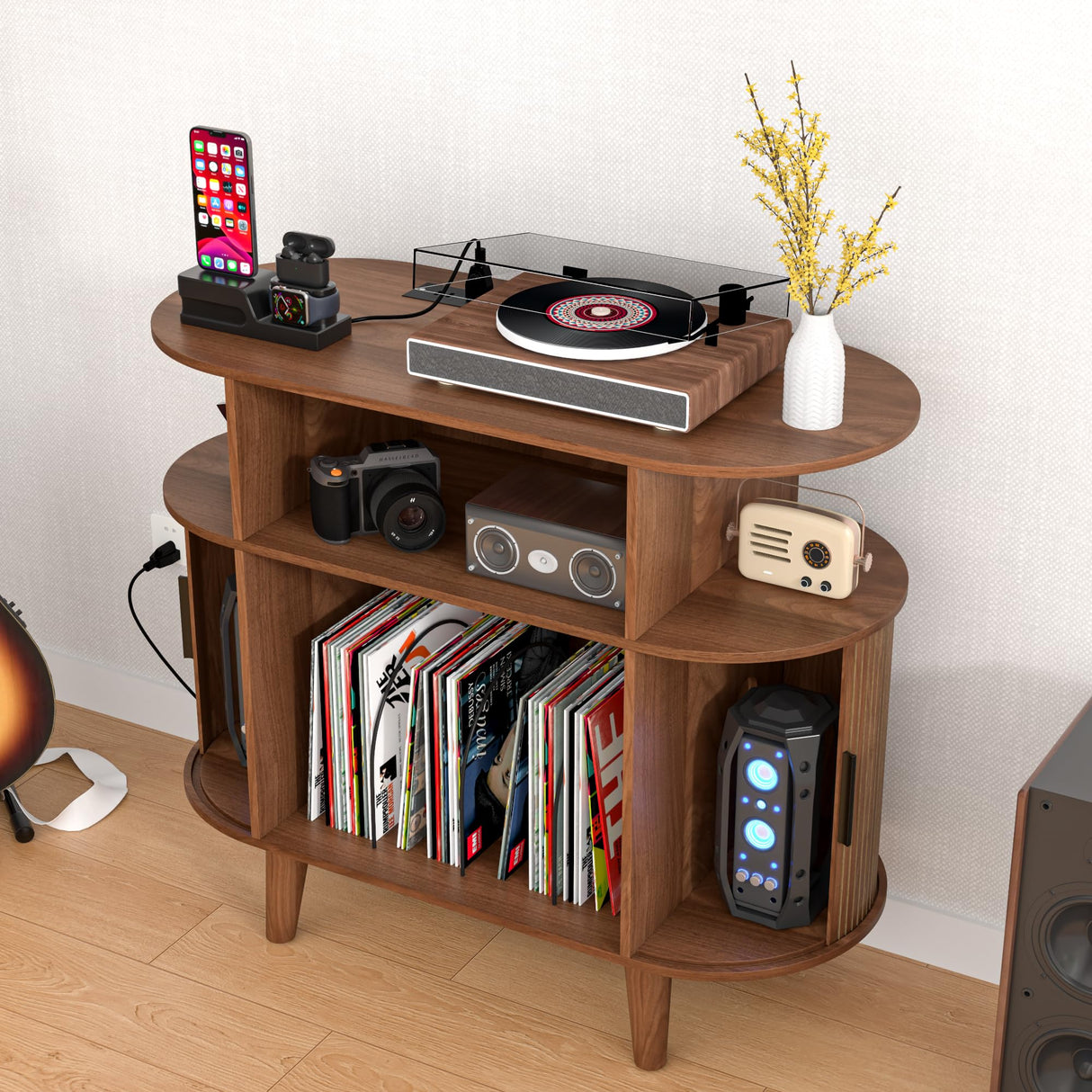 LUVIOHOME Round Record Player Stand, Mid-Century Record Player Table, Vinyl Record Player Shelf with Power Outlet Sideboard Buffet Cabinet, Storage Shelf for Living Room (Brown) LUVIOHOME