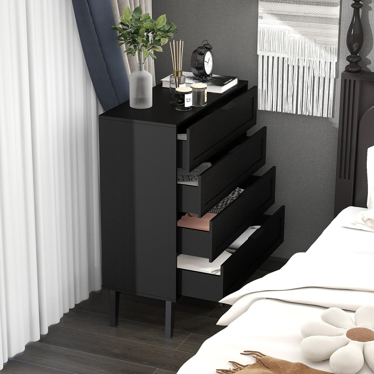 TaoHFE Black 4 Drawer Dresser for Bedroom,Wood Lingerie Chest of Drawe