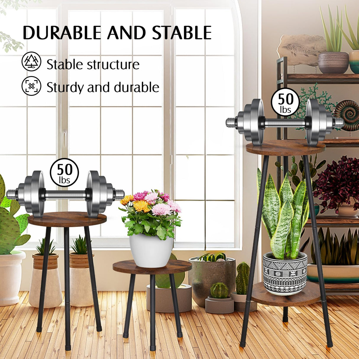 YENGOTH 2 Pack Indoor Plant Stand, Mid-Century Wooden Style Plant Holder, Indoor Outdoor Flower Stand,Small Round Table, Two Different Sizes(Black) YENGOTH