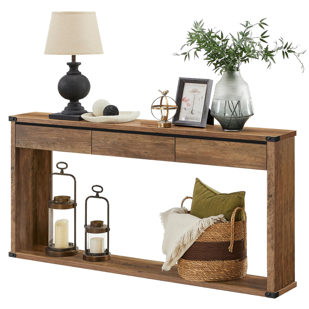 VASAGLE Sofa Console Table, 63 Inches Narrow Entryway Table with 3 Drawers, Bottom Shelf, Metal Corners, for Living Room, Bedroom, Farmhouse Style, Honey Brown ULNT146KB01S VASAGLE