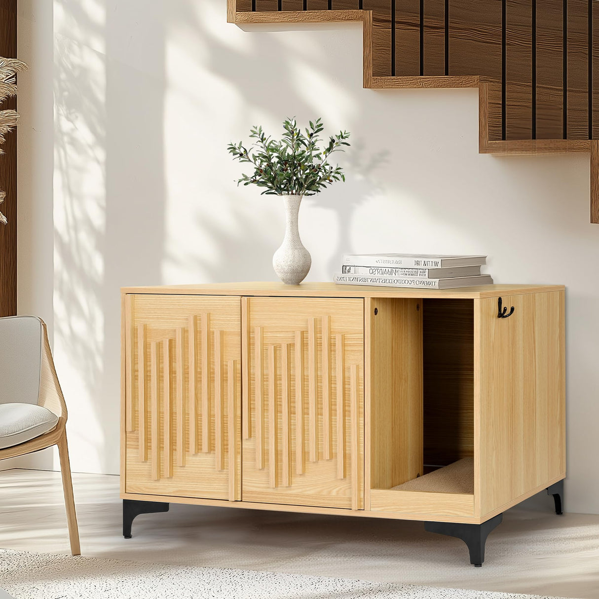 JubiNatural Cat Litter Box Enclosure,Stylish Hidden Litter Box Furniture, Modern Cat Litter Furniture Cabinet, Side End Table, Cat House with Scratch Pad, for Living Room, Bedroom, Entry Foyer JubiNatural