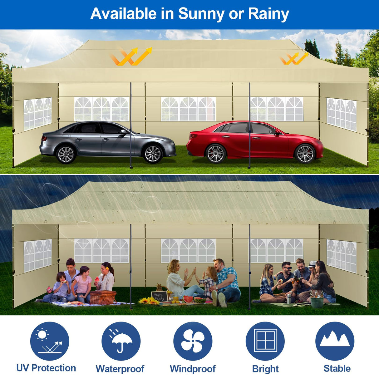 COBIZI 10x30 Pop Up Canopy with 8 Sidewall,Heavy Duty UPF 50+ All Season Wind Waterproof Commercial Outdoor Wedding Party Tents for Parties Canopy Gazebo with Roller Bag(10 x 30 ft Khaki) COBIZI