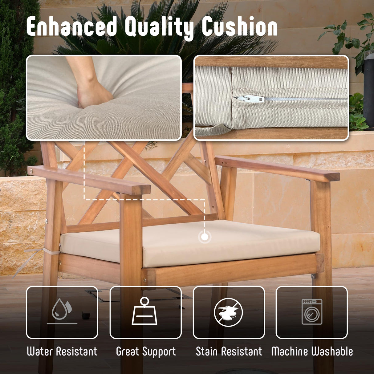 Werph Outdoor Patio Furniture Set, 4 Piece Patio Sofa Bench and 2 Single Sofa Chairs with Table & Padded Cushions, Acacia Wood Outdoor Patio Lounge Conversation Set for Deck Backyard Balcony Werph