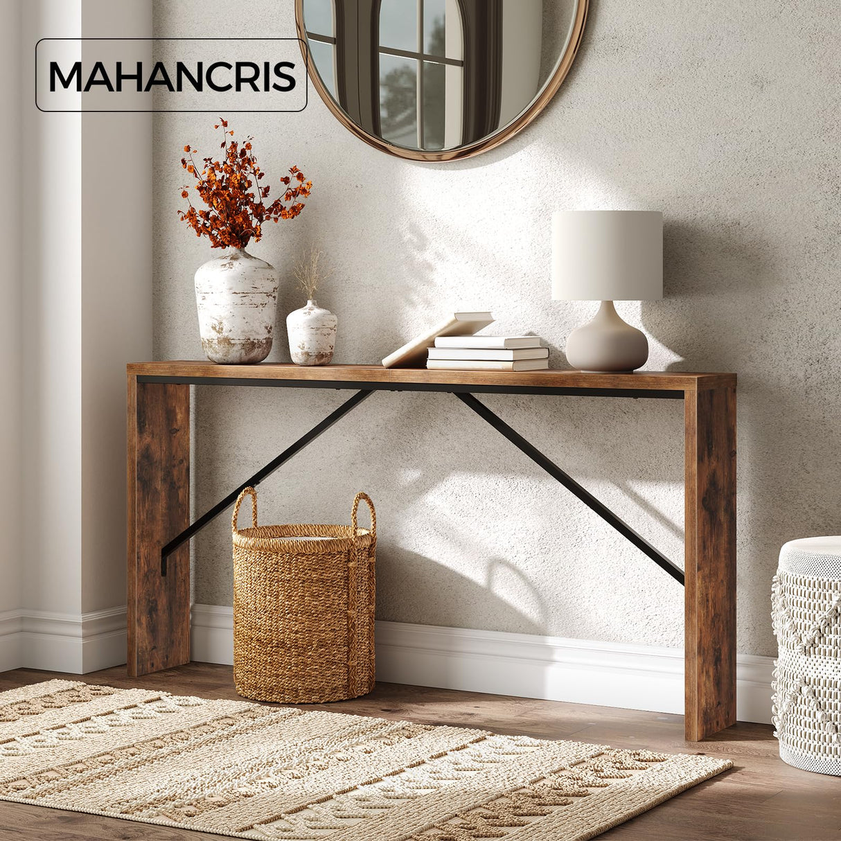 MAHANCRIS Console Table, 62.2" Long Sofa Table Behind Couch, Narrow Entryway Table, Farmhouse Dining Table with Angled Metal Frame, Industrial Console Table for Entryway, Rustic Brown CTHR15801Z MAHANCRIS