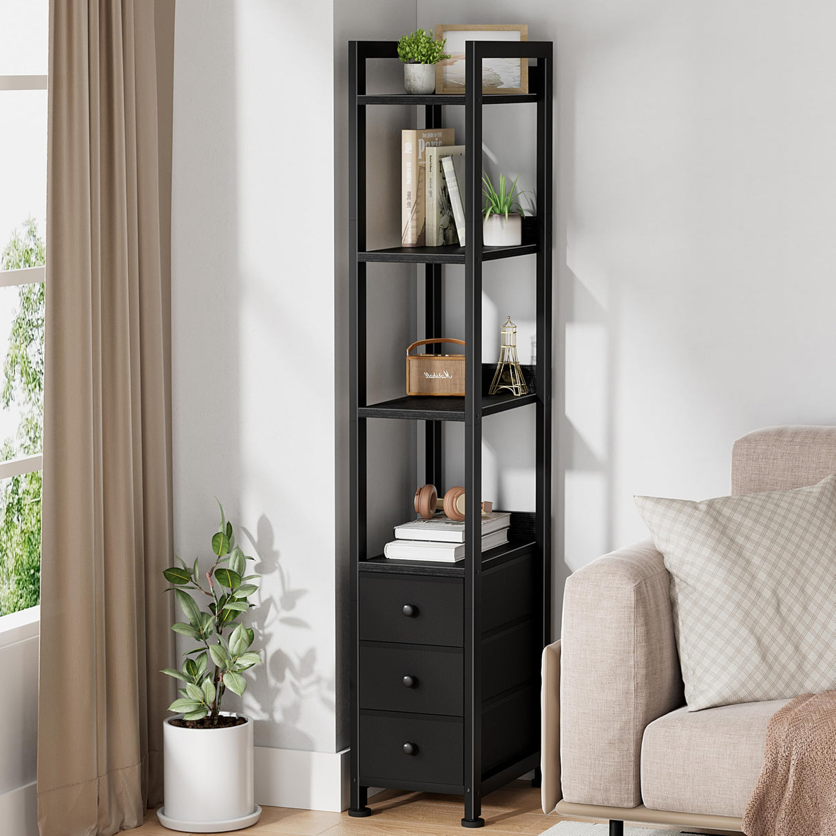 KLUVIS Black Narrow Bookshelf with 3 Drawers - 4 Tier Thin Book Shelf for Small Spaces Skinny Shelves Slim Farmhouse Fabric Drawer 60 inch Tall (04B) KLUVIS