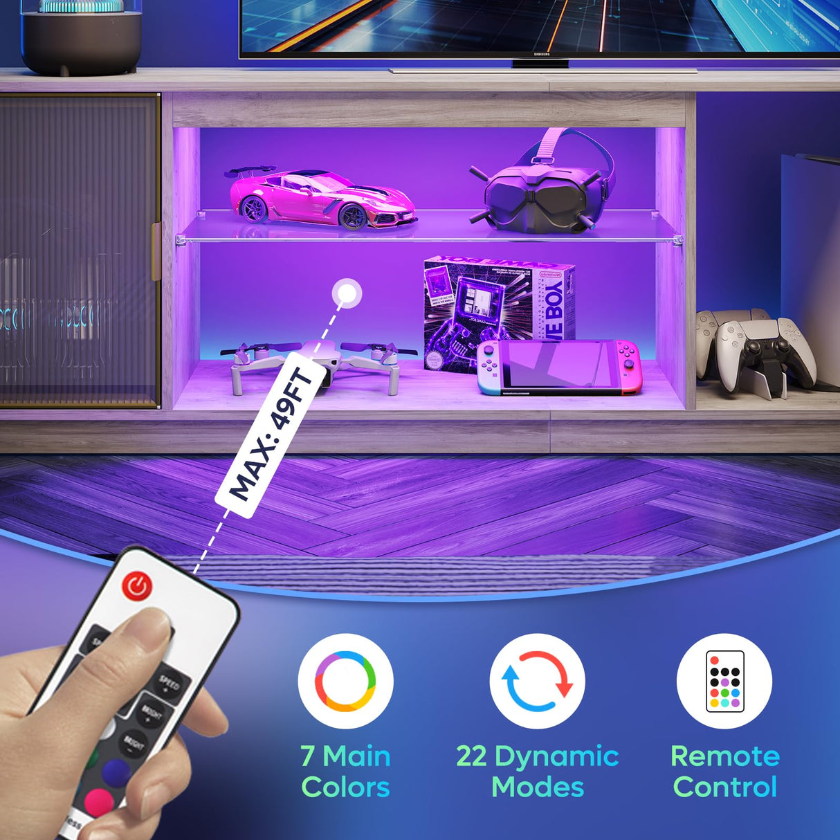 Bestier LED 70 inch TV Stand for 80 inch TV, Modern Entertainment Center with Storage Cabinet for PS5, TV Console for Living Room Bedroom, Adjustable Glass Shelf & Acrylic Doors, Grey Bestier