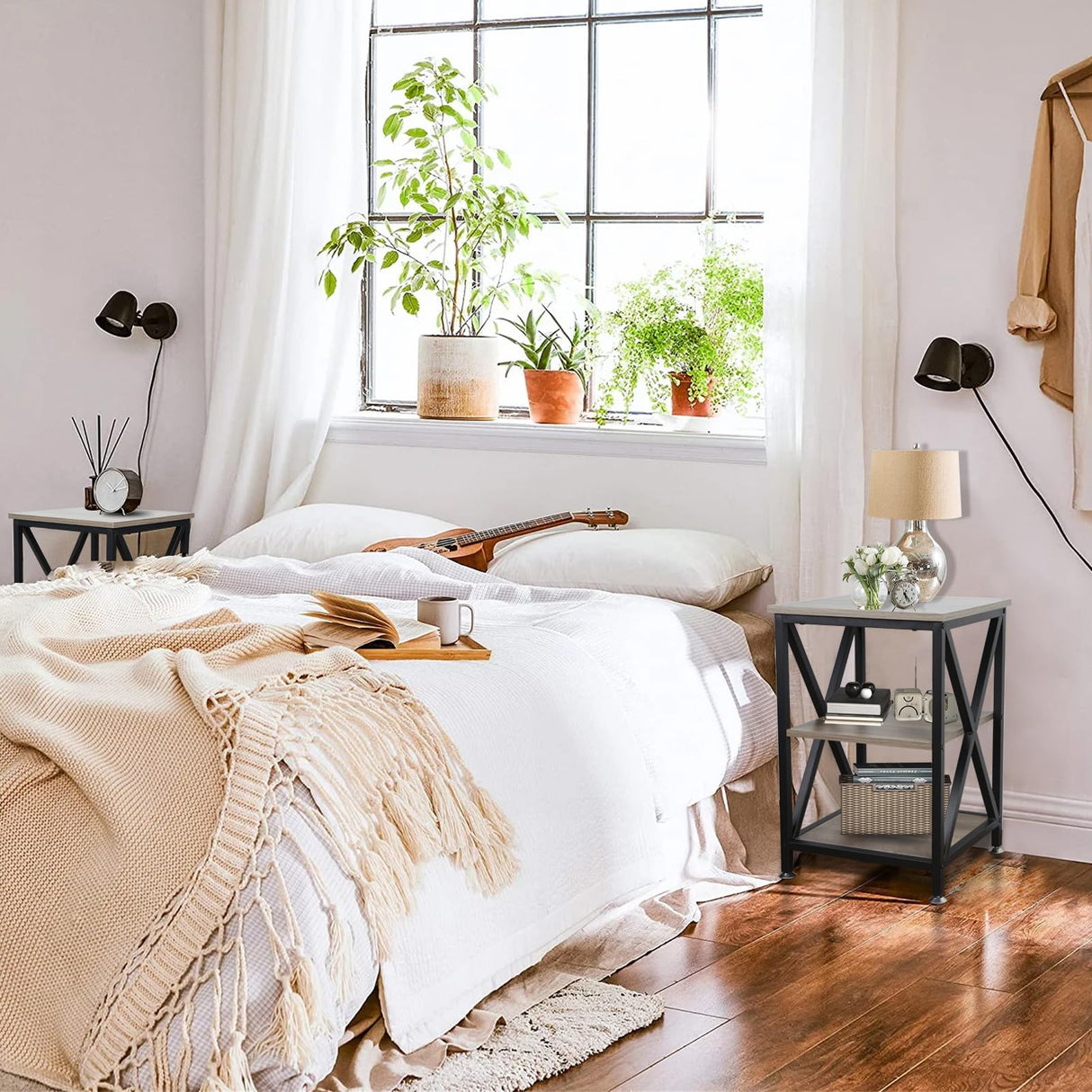 End Tables Living Room Set of 2, 16" D x 16" W x 24" H, Indoor Side Tables Living Room with Storage Shelf, Square End Table Set of 2, X-Shaped Night Stands for Bedroom, Farmhouse Wood End Tables, Grey TooCust