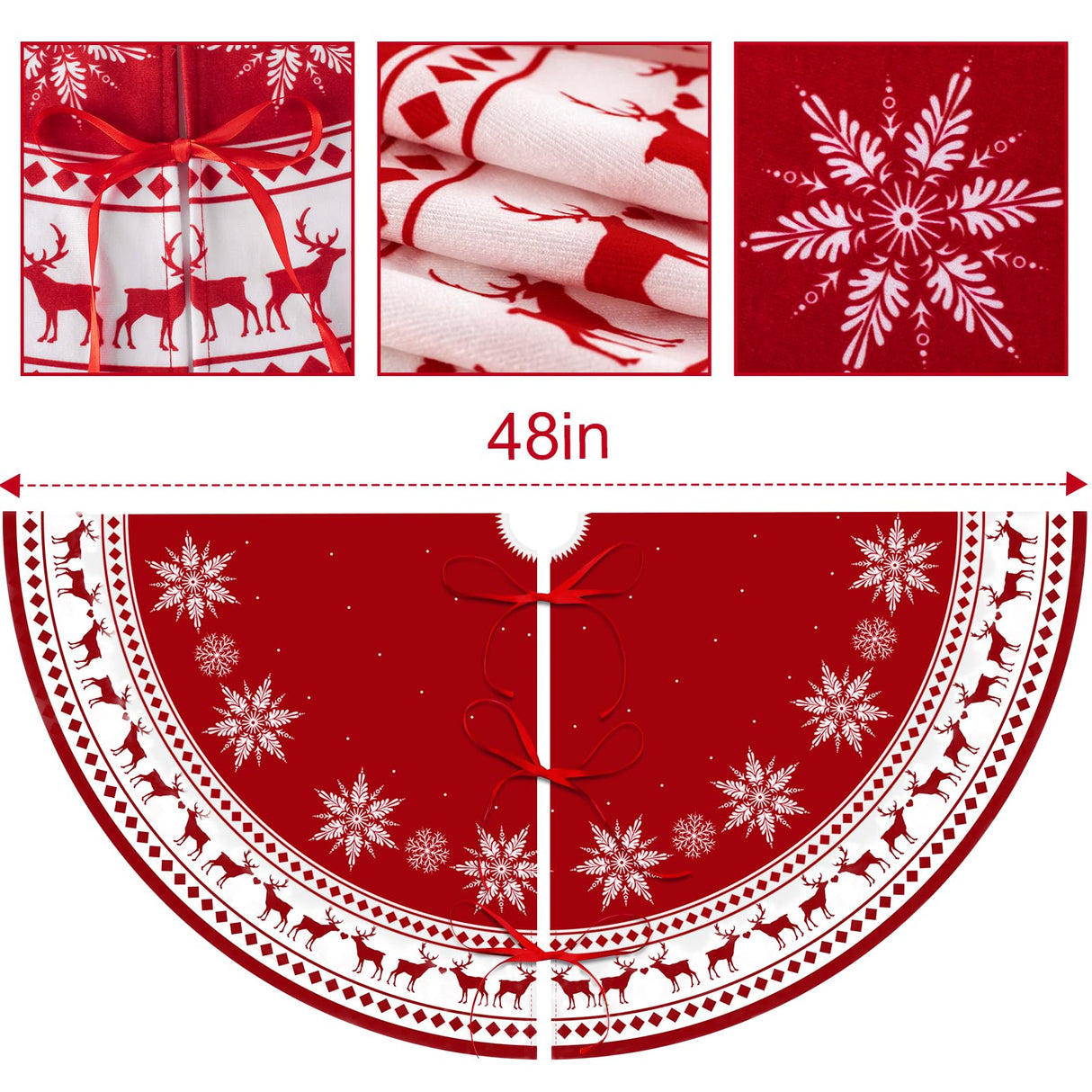 Christmas Tree Skirt 48 inch Large Tree Skirt Snowflake Reindeer Red Xmas Tree Skirt Rustic Christmas Tree Mat Decorations for Winter New Year Holiday Party Decor Indoor Outdoor JXOUYDAD