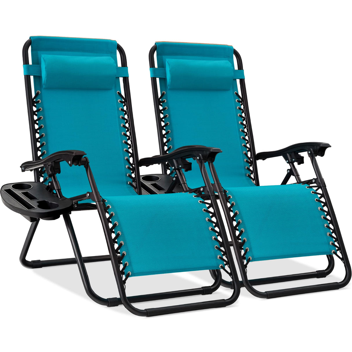 Best Choice Products Set of 2 Adjustable Steel Mesh Zero Gravity Lounge Chair Recliners w/Pillows and Cup Holder Trays - Peacock Blue Best Choice Products