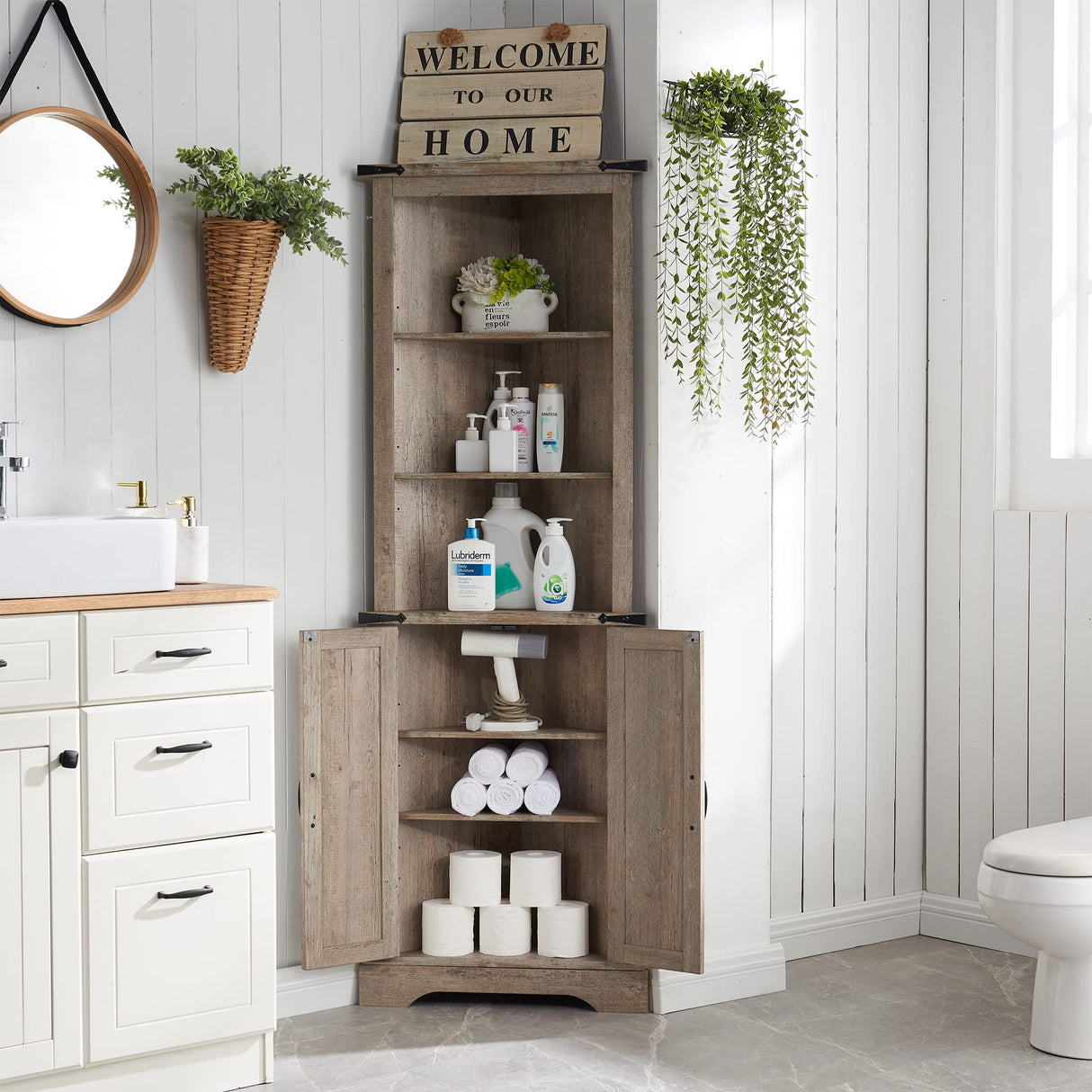 OKD Tall Corner Cabinet, Farmhouse Storage Cabinet with Barn Door Design & Adjustable Shelves, Home Space Saver for Bathroom, Living Room, Light Rustic Oak OKD