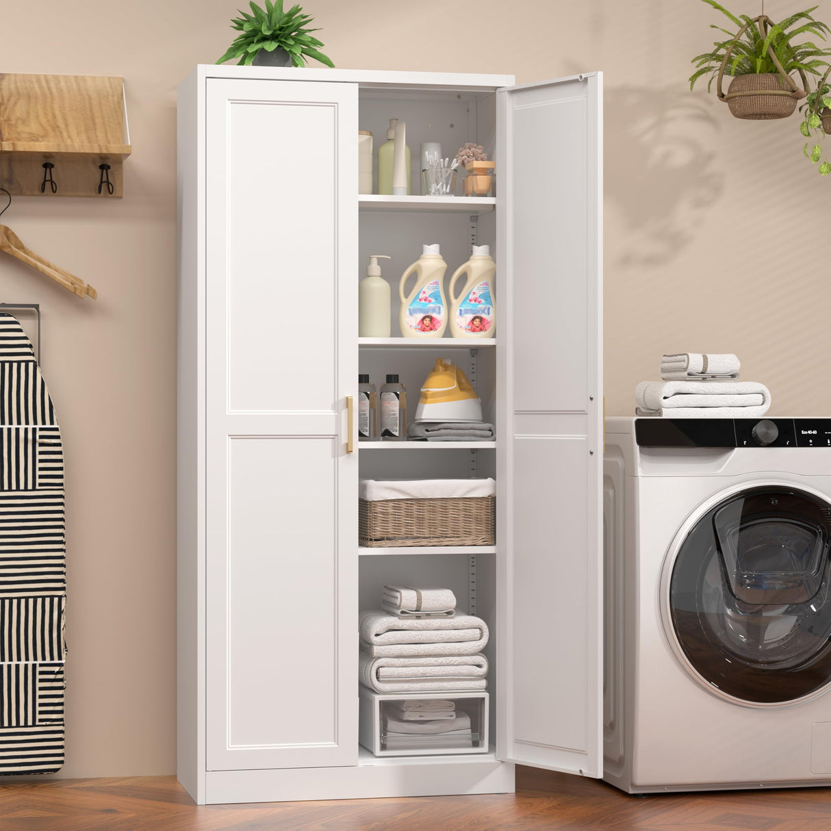 Kubohogar 71" Tall Metal Pantry Cabinet, White Kitchen Pantry Storage Cabinet with 4 Adjustable Shelves and Gold Handles, Cupboard for Kitchen, Dining Room, Living Room, Bathroom Kubohogar