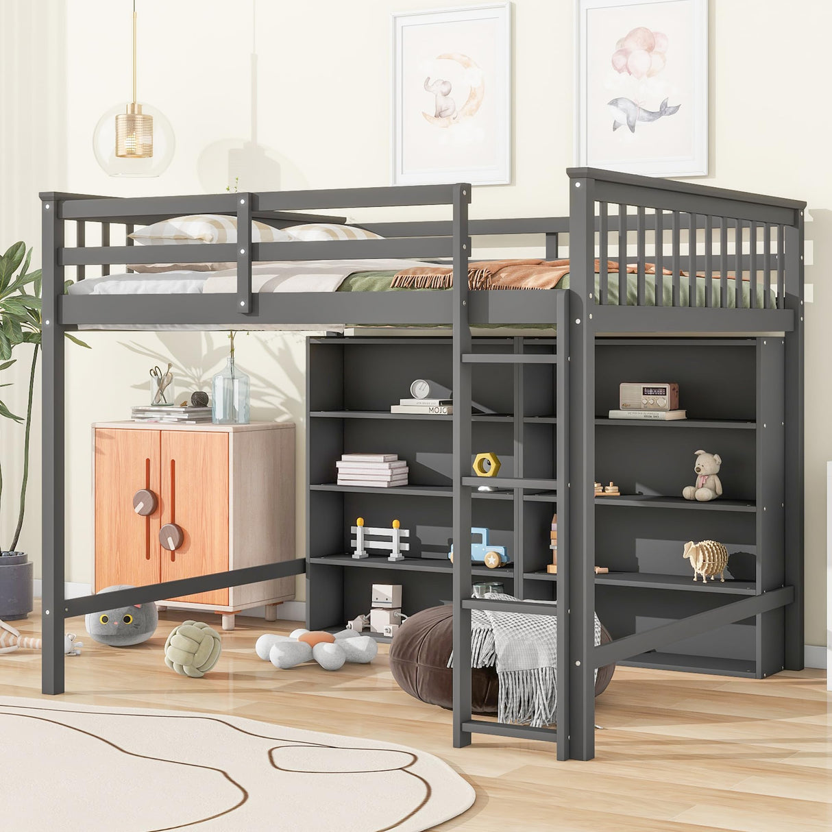Harper & Bright Designs Gray Full Size Loft Bed with Storage Shelves and Built-in Ladder Harper & Bright Designs