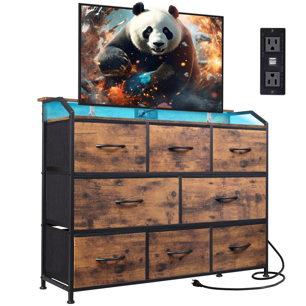 WLIVE Led Dresser for Bedroom, TV Stand for Bedroom with LED Lights and Power Outlet, Wide Chest of Drawers for Hallway, 8 Fabric Drawers for Living Room and Entryway, Rustic Brown WLIVE