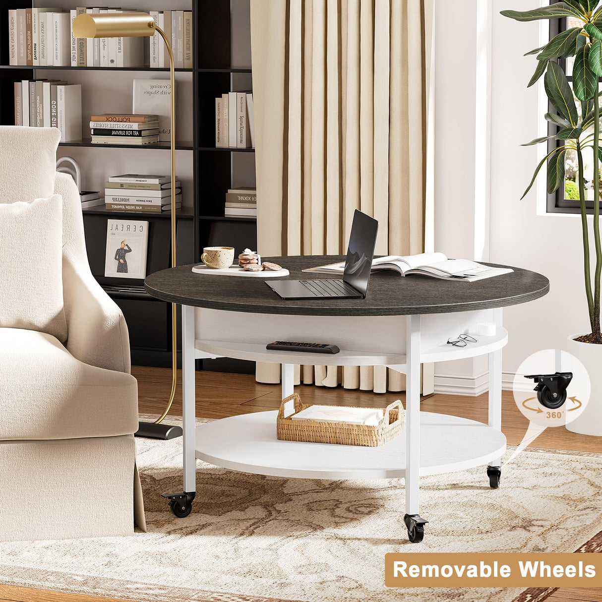 FABATO Round Lift Top Coffee Table with Wheels, Circle Center Table with Storage and Compartment, 26.77’’ Rolling Coffee Table for Living Room, 2 Tier Small Coffee Table Circle Dining Table, White FABATO