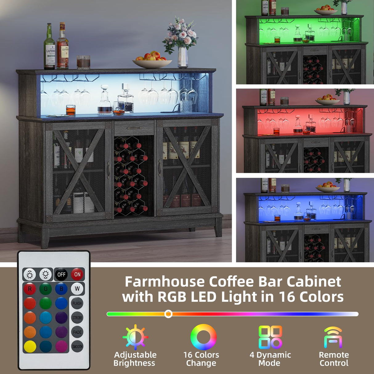 Wine Cabinet, Coffee Bar Cabinet with Storage, 54" Liquor Cabinet Bar for Home, Wine Bar Cabinet with Glass Rack, Drawer and LED Lights, Farmhouse Buffet Sideboard for Dining Room, Kitchen, Grey JOINICE