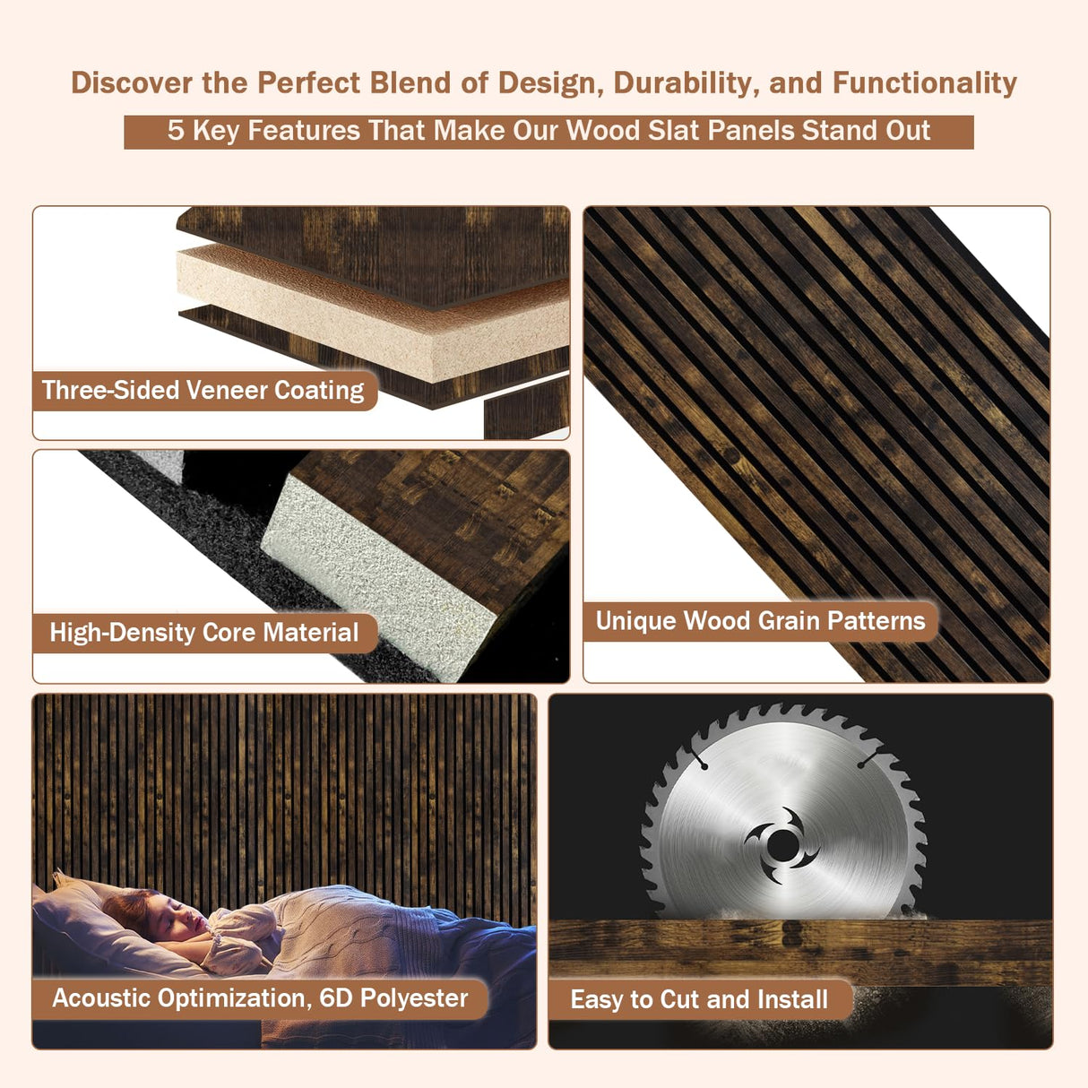 Wood Slat Wall Panel, Easy Installation, Versatile, Enhanced Acoustic Design, Suitable for Living Room, Bedroom, Kitchen & Offices, 47.2×23.6 inch, 2 Pack, Rustic Brown Mollywell