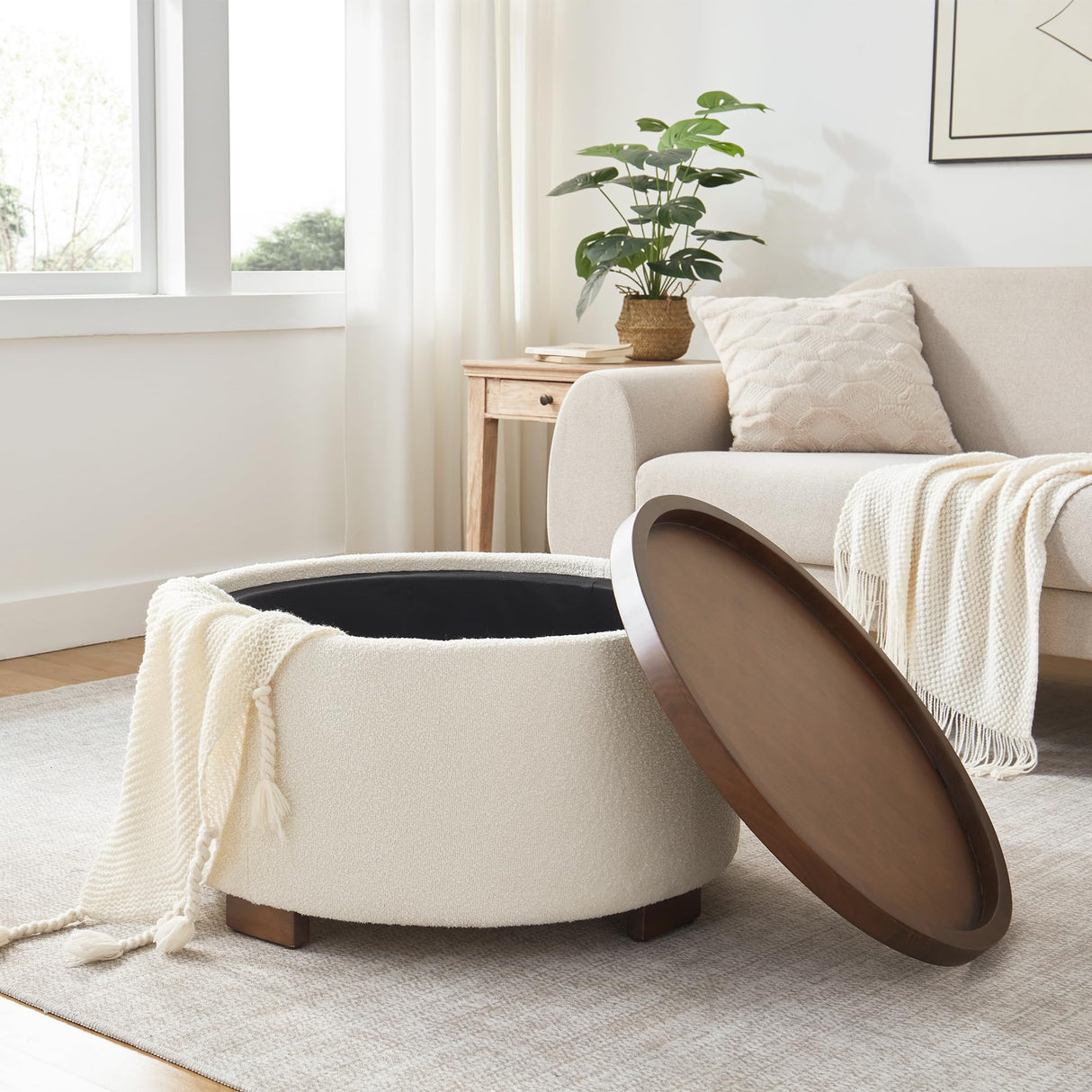 Zihanhome 30 Inch Round Storage Ottoman Coffee Table, Modern Boucle Ottoman with Lift-Off Lid and Solid Wood Legs for Living Room, Bedroom, Corners, Apartments (Beige) Zihanhome
