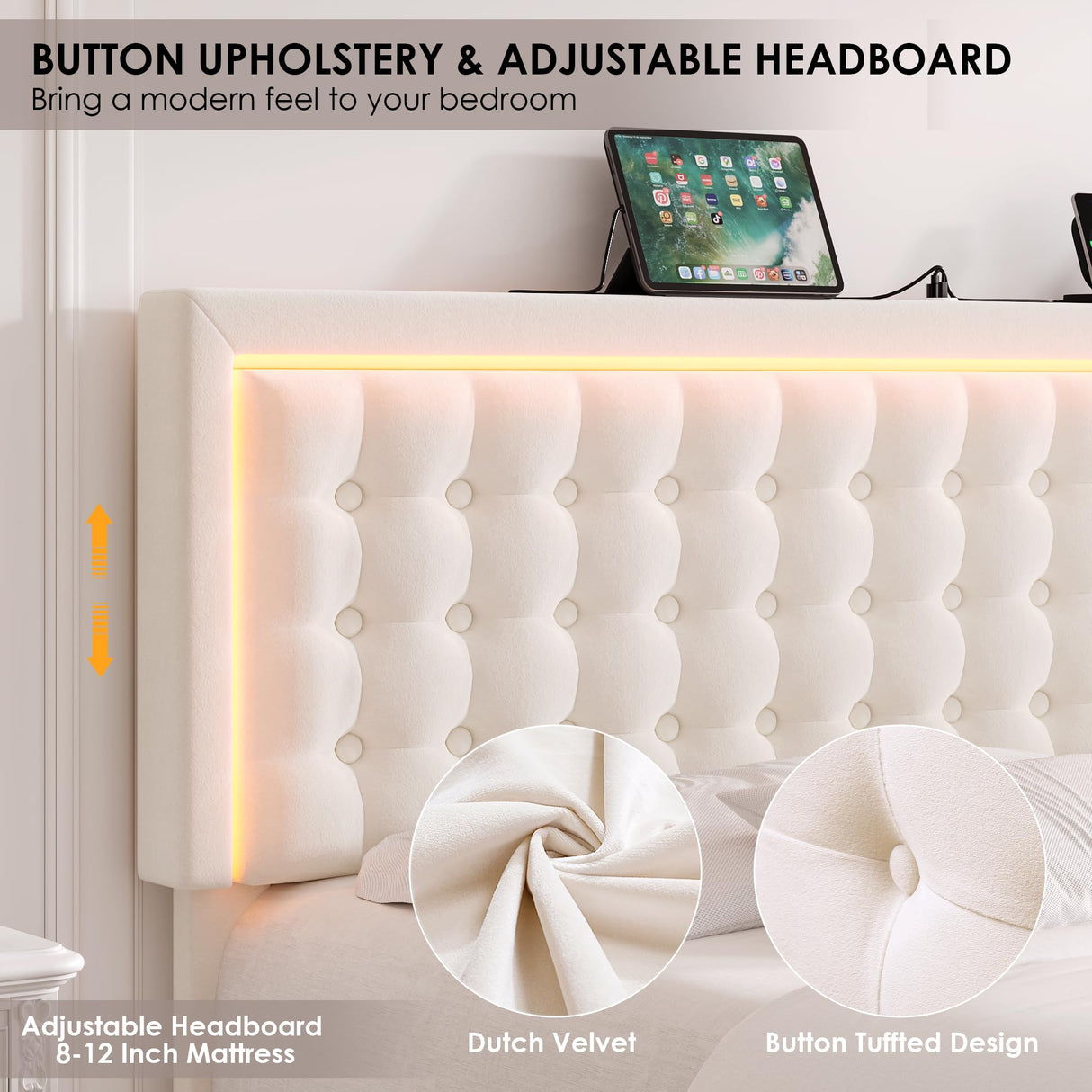 HIFIT Upholstered Full Size LED Bed Frame with Charging Station and 4 Large Storage Drawer, Velvet Button Tufted Full Platform Bed with Adjustable Headboard, No Box Spring Needed, Easy Assembly, Beige HIFIT