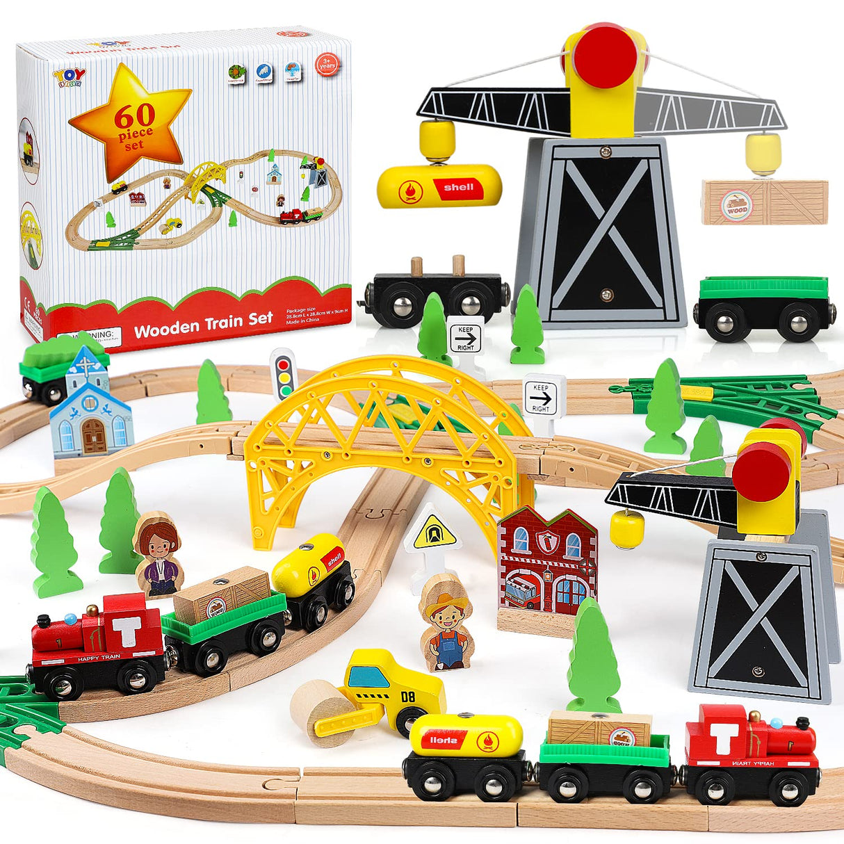 TOY Life Wooden Train Set with Crane Wood Train Tracks 60pcs Toddler Boy Toys for 3 Year Old Boys - Fits Thomas Brio Melisa Chugginton Train Track TOY Life