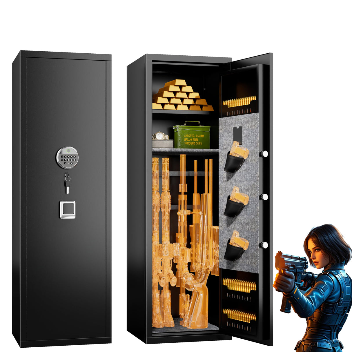 8-12 Fingerprint Gun Safe for Rifles and Pistols,No Assembly Required,Gun Safes for Rifle and Password Lock, Gun Cabinet for Home with Adjustable Shelves Metallitrend