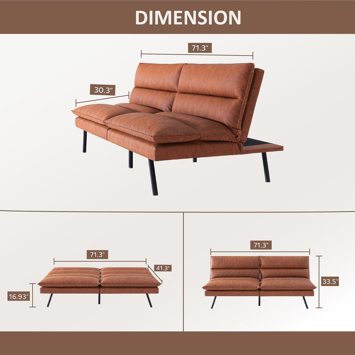 Futon Sofa Bed, Memory Foam Futon Couch with Adjustable Backrest, Multi-Functional Design Convertible Sofa Bed, Space-Saving Sleeper Sofa for Living Room(New Brown) MLILY