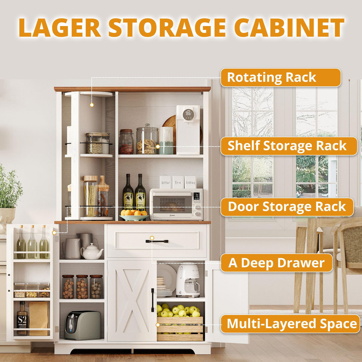 IRONCK Farmhouse Kitchen Pantry Cabinet with Charging Station, Kitchen Hutch Storage Cabinet with Microwave Stand and Rotating Rack for Kitchen, Dining Room, White IRONCK