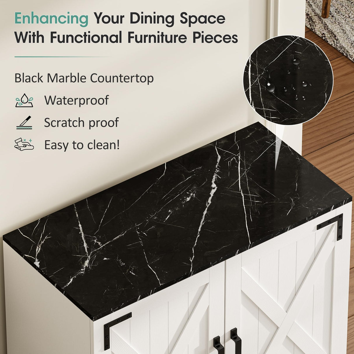 Maupvit 32" L Sideboard Buffet Cabinet with Storage, Farmhouse Tall Coffee Bar Table with Black Wood Countertop for Kitchen Dinning Room, Living Room, Antique White Entryway Accent Cabinets Maupvit