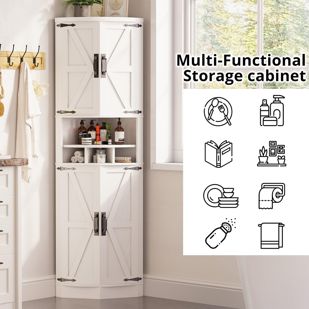 IRONCK Tall Corner Cabinet with 3 Wine Racks, Farmhouse Storage Cabinet with 4 Doors and Adjustable Shelves, Barn Door Design, Corner Bar Cabinet for Living Room, Kitchen, Laundry Room White IRONCK