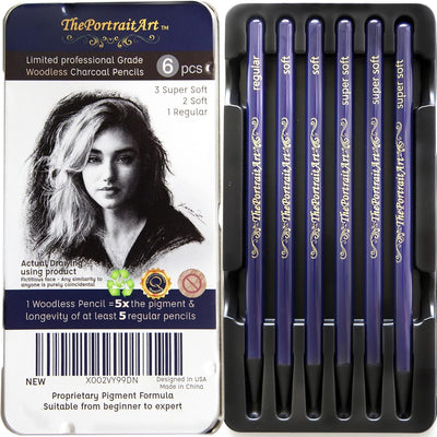 ThePortraitArt Artist Woodless Pure Charcoal Pencils - Ultra Soft and Dark – 6pc Set Equivalent to 28+ Regular Pencils – Smooth Consistency on All Drawing Papers