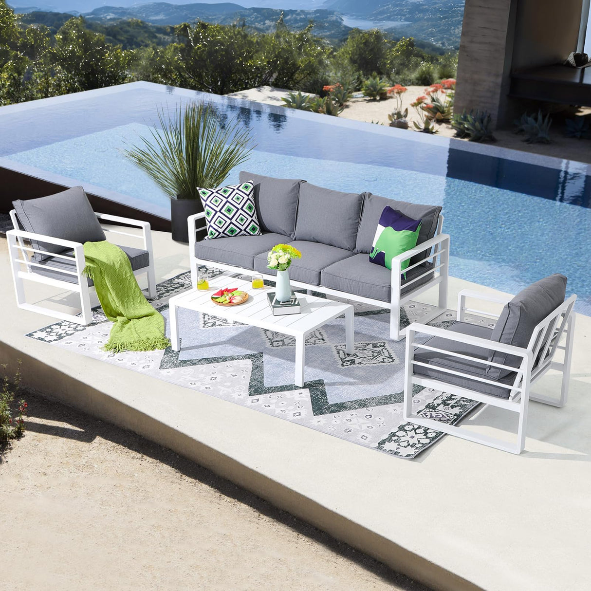 Patiorama Aluminum Patio Furniture Set, 4 PCS Modern Patio Conversation Set, All Weather White Outdoor Sectional Sofa Set w/Coffee Table, 3-Seater Sofa, Superior Olefin Cushion, Garden-Grey Cushion Patiorama