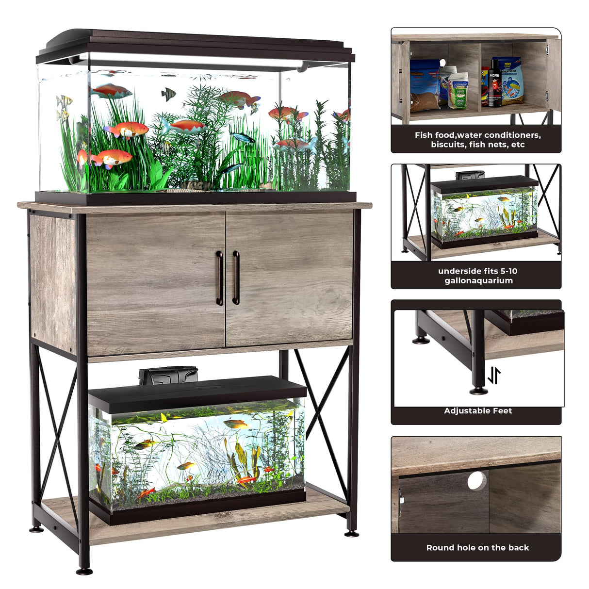 Herture 20-29 Gallon Aquarium Stand Metal Frame Fish Tank Stand with Cabinet Storage, for 20 Gallon Long Aquarium,30.7" L*16.5" W Tabletop,330LBS Capacity Grey PG01YGZ Herture