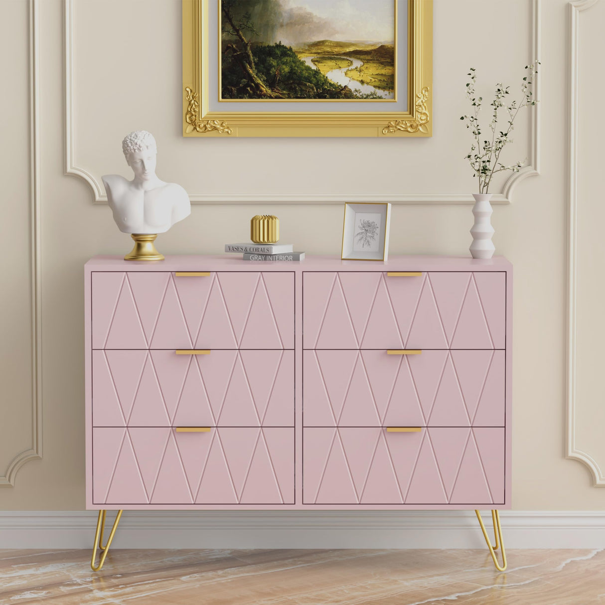 UEV Pink 6 Drawer Dresser,Modern Dresser Chest with Wide Drawers and Metal Handles,Wood Storage Chest of Drawers for Bedroom,Entryway,Hallway (Pink, 6 Drawer) UEV