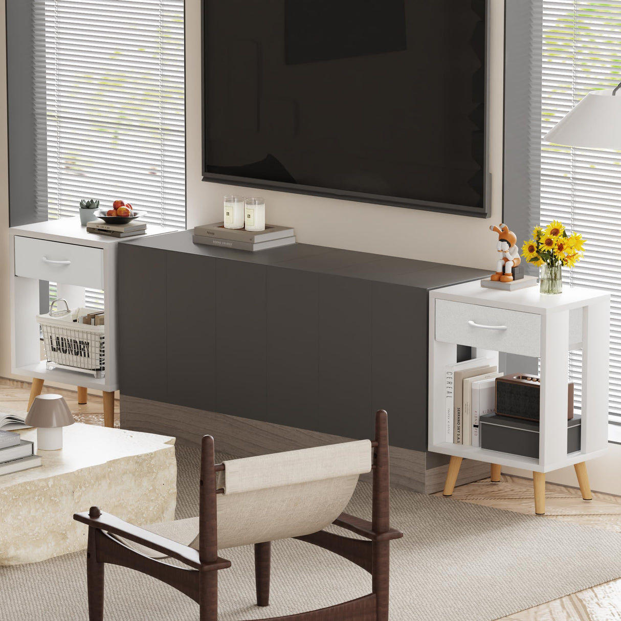 GYIIYUO Nightstands Set of 2 with Fabric Storage Drawer and Open Wood Shelf, Side Table with Storage for Bedroom, Night Stand with Drawer for Bedroom, Bedside Tables - White 24" H GYIIYUO