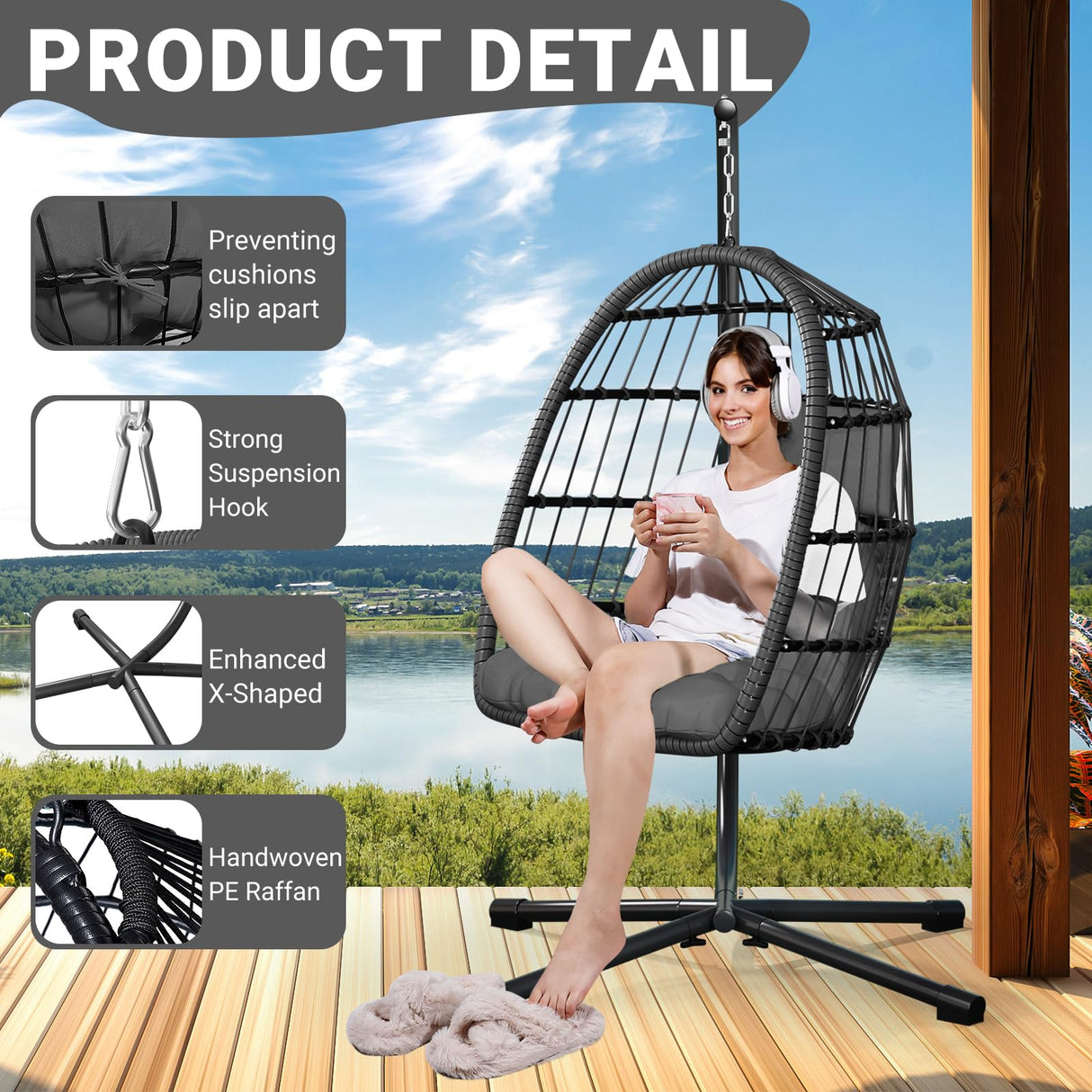 LEVELEVE Egg Chair with Stand,Patio Rattan Wicker Hanging Swing Egg Chair Hammock Chair for Bedroom Porch Garden,Thickened Aluminum Alloy Steel Frame and UV Resistant Cushion,350LBS Capacity(Grey) LEVELEVE
