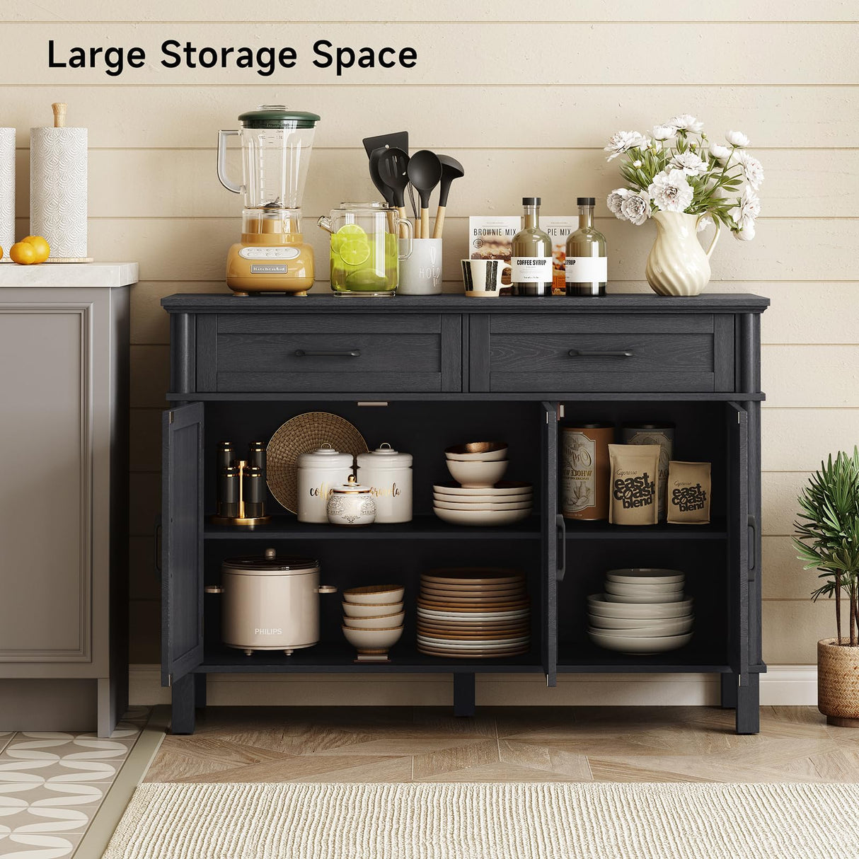 48" Buffet Cabinet with Storage, Farmhouse Sideboard Cabinet w/2 Drawers and 3 Doors, Wood Coffee Bar Cabinet with Adjustable Shelves, Storage Cabinet for Kitchen, Living Room, Entryway, Black ONBRILL
