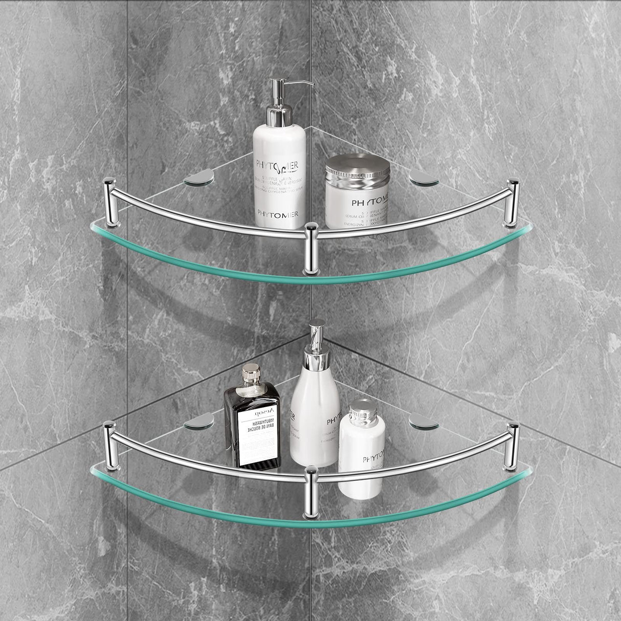 YorkHoMo Glass Corner Shelves Tempered Bathroom Eestantes para Baños with Rail Wall Mounted Drill Hole for Corner Shower Shelf for Inside Shower 2 Pack(Sliver) YorkHoMo