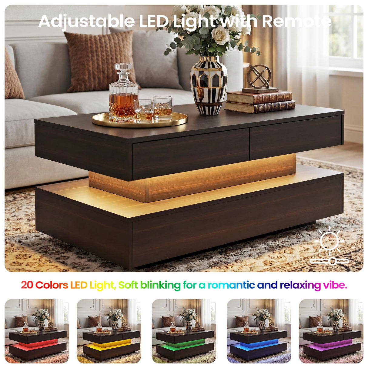 Coffee Table for Living Room, Modern Coffee Table with 2 Storage Drawers, 2 Tier Center Table Wood Coffee Tables with 20 Colors LED Lights, Mesa de Centro para Sala (Black and Brown) MWOOD