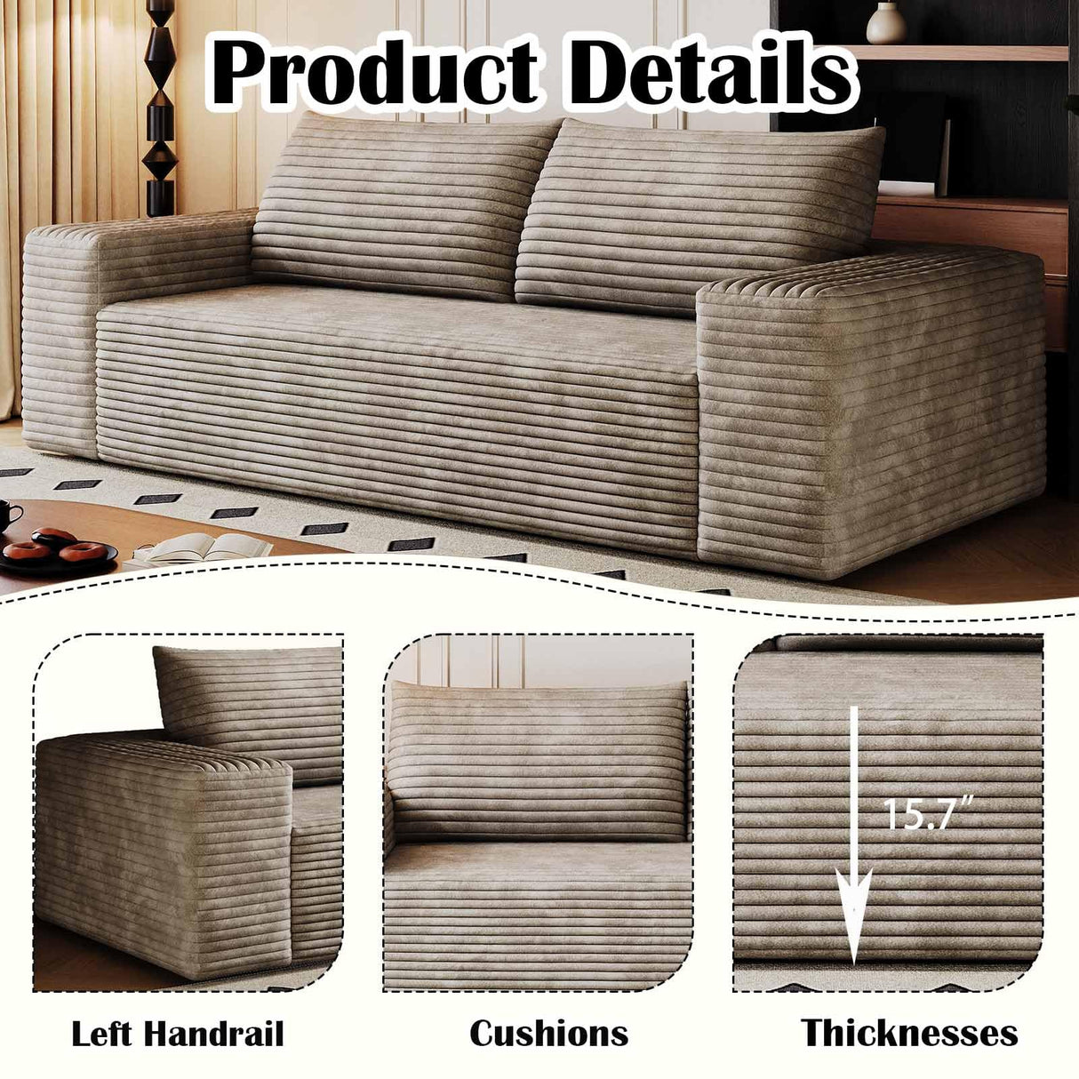 63" Corduroy Couch in a Box, Cloud Loveseat Sofa with 2 Cushions, Boneless Couches for Living Room Bedroom Small Space, Compressed, Deep Seat, Memory Foam, No Assembly (Camel, 63") Thctvous
