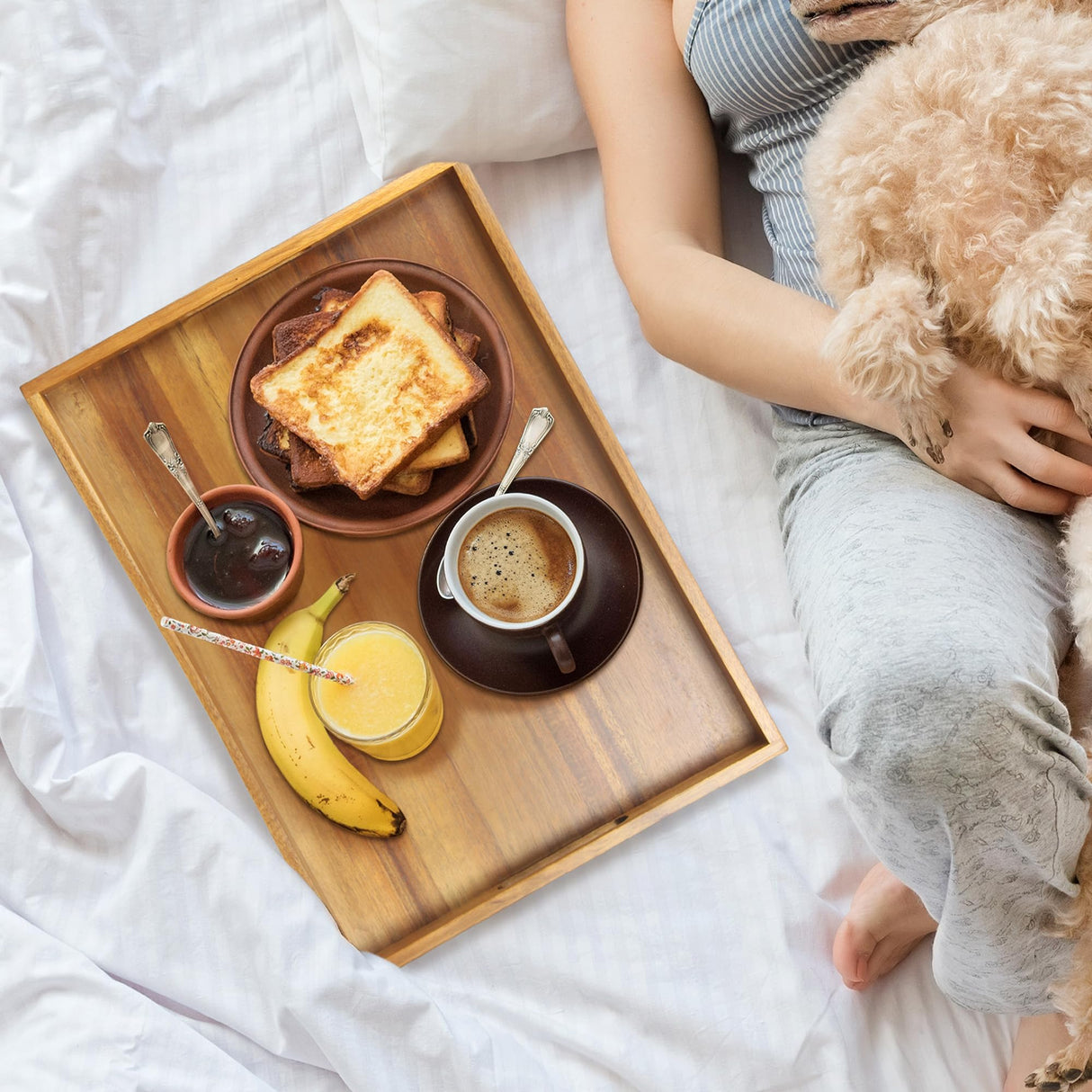 KITEISCAT Acacia Wood Serving Tray with Handles - 17-Inch Decorative Wooden Tray - Perfect for Breakfast, Lunch, Dinner, Appetizers, Patio, Ottoman, Coffee Table - Durable Living Room and Couch Tray KITEISCAT