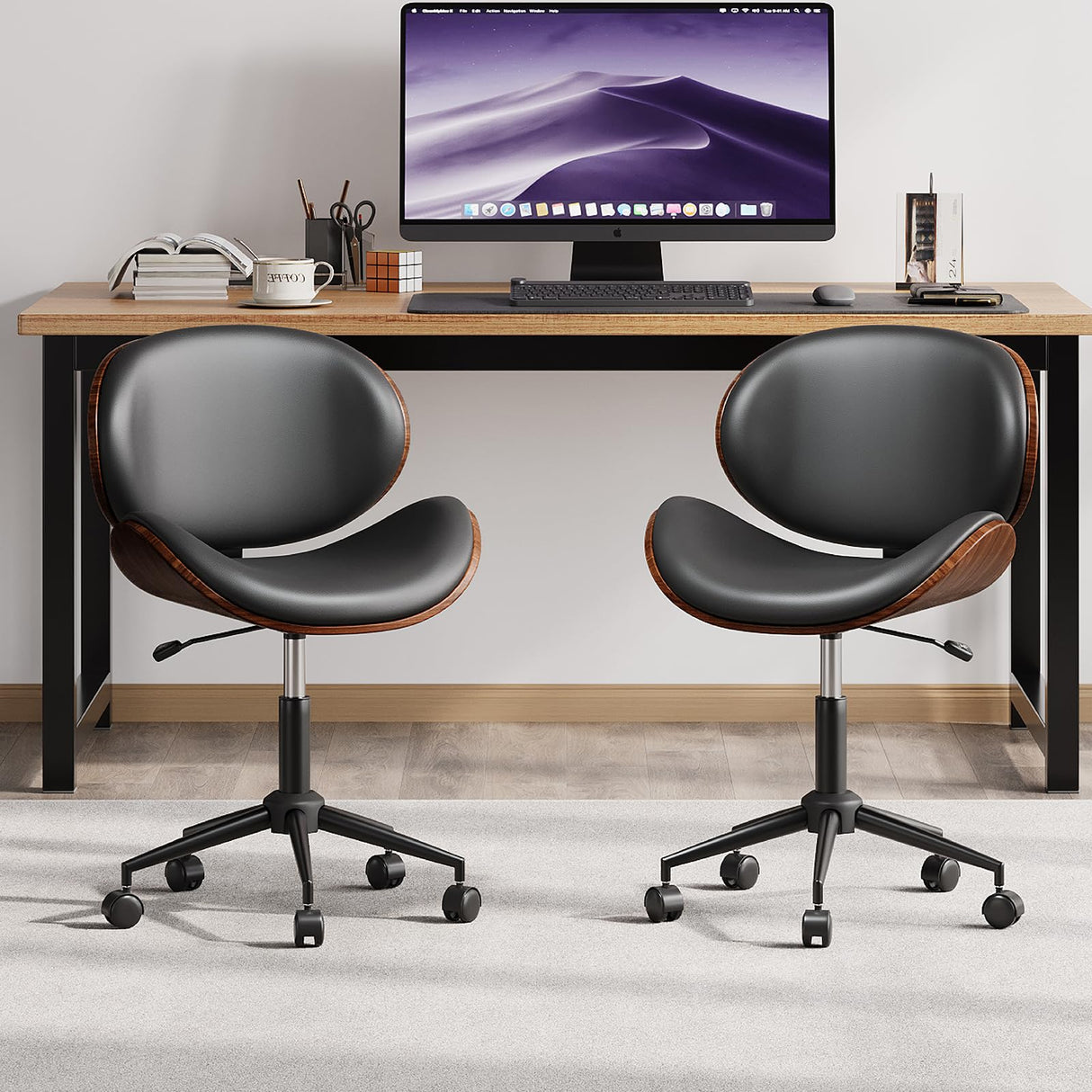 LUXOAK Ergonomic Home Office Desk Chair Set of 2, Mid-Century Modern Armless Chair with PU Leather/360°Swivel Wheels/Seat Height Adjustable for Office, Study, Black LUXOAK