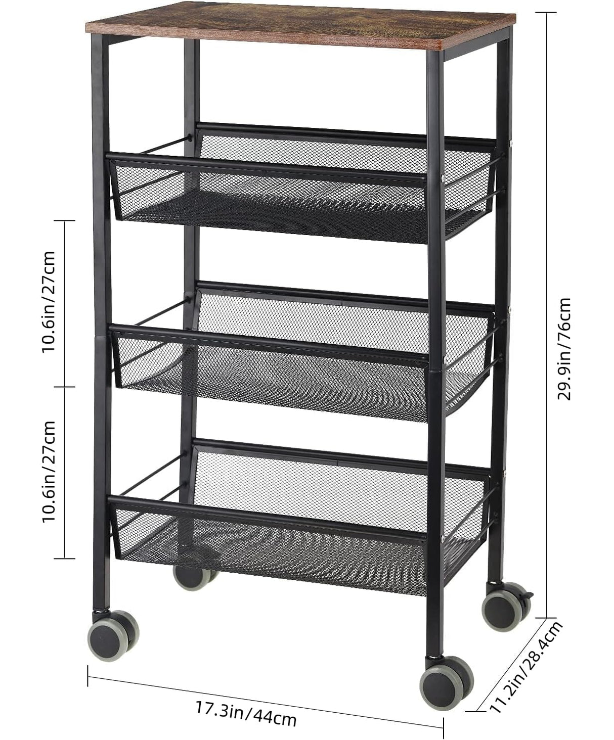 LIANTRAL Rustic Kitchen Storage Cart, 4 Tier Kitchen Cart on Wheels, Metal Mesh Storage Pantry Cart with Lockable Wheels, Wood Look Top and Metal Frame. LIANTRAL